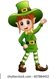Vector illustration of Cartoon girl leprechaun waving
