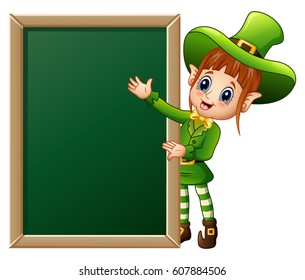 Vector illustration of Cartoon girl leprechaun presenting with chalkboard sign