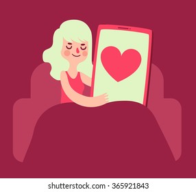 Vector illustration of a cartoon girl in love with her cell phone.