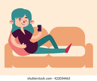 Vector illustration of a cartoon girl lying on a sofa, smiling and holding a cell phone.