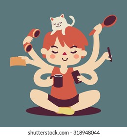 Vector illustration of a cartoon girl with many arms doing different activities. Character isolated from background.