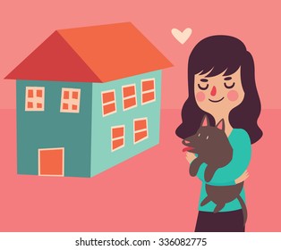 Vector illustration of a cartoon girl next to her new house. She holds her brown dog.