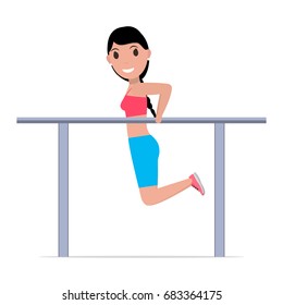Vector illustration of a cartoon girl on gymnastics parallel bars. Isolated white background. Woman is doing exercises on gymnastics bars. Flat style.