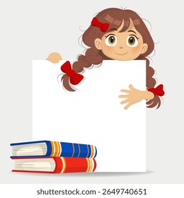 Vector illustration of a cartoon girl with pigtails and red bows peeking over a white sheet, with a stack of books beside her.