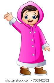 Vector illustration of Cartoon girl in pink winter jacket waving