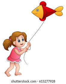 Vector illustration of Cartoon girl playing kite shaped of fish