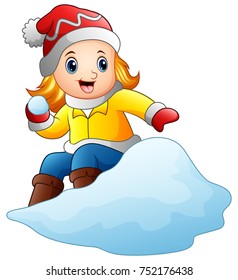 Vector illustration of Cartoon girl playing snowboard with a snow