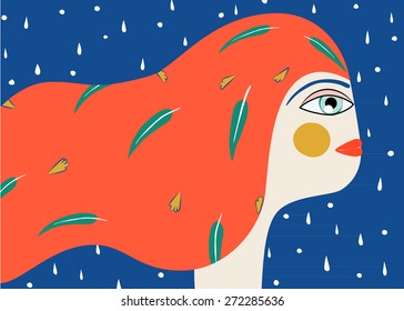 vector illustration of cartoon girl profile, with red hair and feathers in her hair