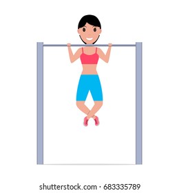 Vector illustration of a cartoon girl pulling up on a horizontal bar. Isolated white background. Sports woman doing an exercise on a horizontal bar. Flat style.