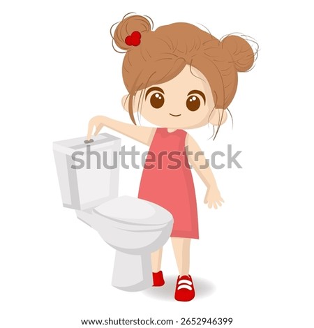 Vector illustration of a cartoon girl pulling the flush lever of a toilet.