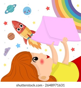 Vector illustration of a cartoon girl with red hair holding a book, with her imagination featuring a rocket, rainbow, planets, and stars. Ideal for children, imagination, or space stock imagery.