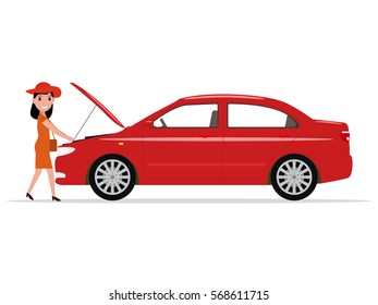 Vector illustration cartoon girl repairs red sedan car. Isolated white background. Woman opened hood of the automobile. Flat style. Broken transport and a beautiful lady.