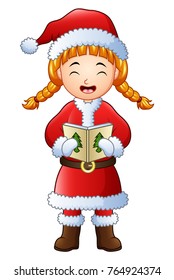 Vector illustration of Cartoon girl singing christmas carols isolated on white background