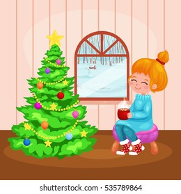 Vector illustration of a cartoon girl sits near a Christmas tree, holding a cup with sweet hot chocolate, steam coming out of it