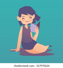 Vector illustration of a cartoon girl sitting. She looks calm and holds a book. Character isolated from background.