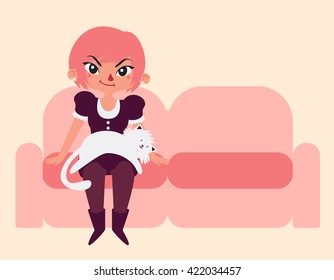 Vector illustration of a cartoon girl sitting on the sofa with a cat on her lap.