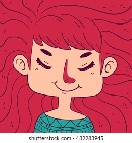 Vector illustration of a cartoon girl smiling, with hair spread and closed eyes.