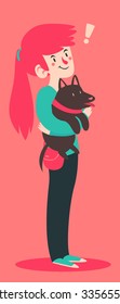 Vector illustration of a cartoon girl standing and having an insight, while holding her brown dog.