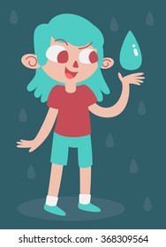 Vector illustration of a cartoon girl standing and looking at a big drop of water, while it rains.