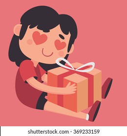 Vector illustration of a cartoon girl super happy, with hearts in her eyes, sitting and holding a present.