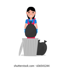 Vector illustration of a cartoon girl takes out a bag of garbage. Isolated white background. Woman with a garbage can and trash. Flat style. Concept of a business cleaning service.