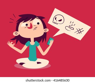 Vector illustration of a cartoon girl trying to meditate and failing, holding a cell phone with bad words coming out of it.