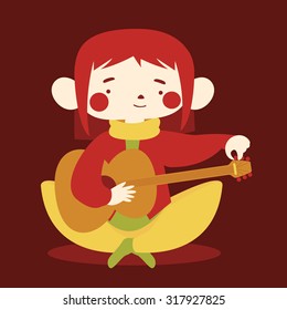 Vector illustration of a cartoon girl tuning acoustic guitar. Color pallete based on fall season. Character isolated from background.