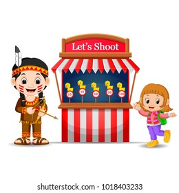 vector illustration of Cartoon girl using indian costume at the circus game booth