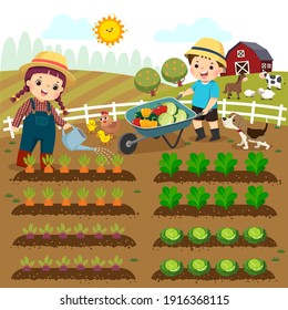 Vector illustration cartoon of girl watering vegetable plants and boy pushing the wheelbarrow of vegetables on the farm.
