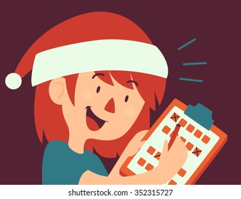 Vector illustration of a cartoon girl wearing a santa hat, holding and filling a form.
