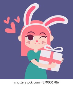 Vector illustration of a cartoon girl wearing bunny ears and holding a big present next to floating hearts.