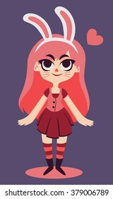 Vector illustration of a cartoon girl wearing bunny ears, standing, looking happy next to a floating heart.