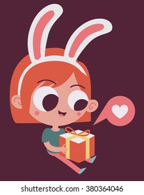 Vector illustration of a cartoon girl wearing bunny ears, holding a present next to a balloon with a heart inside.