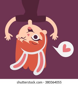 Vector illustration of a cartoon girl wearing bunny ears blinking, showing upside down on screen, waving, next to a balloon with a heart inside.