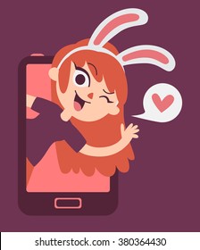 Vector illustration of a cartoon girl wearing bunny ears blinking, showing up on a cell phone screen, waving, next to a balloon with a heart inside.