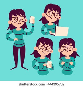 Vector illustration of a cartoon girl wearing big glasses in many poses featuring electronic devices.