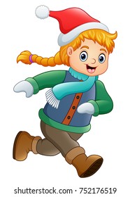 Vector illustration of Cartoon girl wearing winter clothes running