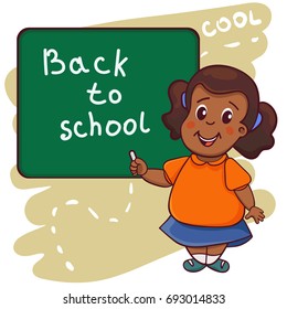 Vector illustration with cartoon girl what writing on a board - Back to school. Can be used for school lesson, sticker and print design, t-shirt print, promotional card, animations.