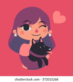 Vector illustration of a cartoon girl winking and holding her pet dog next to a floating heart.