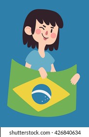 Vector illustration of a cartoon girl winking, sticking the tongue out and holding a flag from brazil.