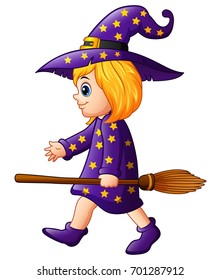 Vector illustration of Cartoon girl witch with a broom