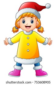 Vector illustration of Cartoon girl in yellow winter clothes waving