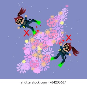 Vector illustration with cartoon girls scuba diving, which spoil the ecology of the underwater marine world and destroy corals