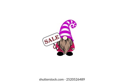 Vector illustration of a cartoon gnome in a cap with a banner and the inscription sale