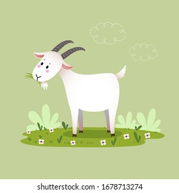 Vector illustration cartoon goat eating the grass.