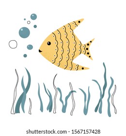 Vector illustration with cartoon gold fishes. Hand drawing with a flock of marine mammals. Kids products, print, fabrics, wallpapers, clothes, textiles, packaging. Simple mono linear modern design.