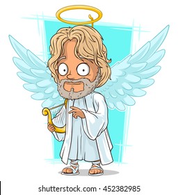 A vector illustration of cartoon good angel with nimbus and harp