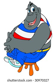 Vector illustration of a cartoon  gorilla sitting on a stool.