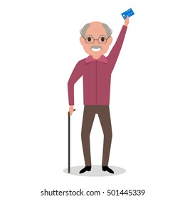 Vector illustration cartoon grandfather got a plastic credit card. Old man holding an electronic card payments. Receive a pension. Loan for pensioner. Concept of a happy old age, retirement.