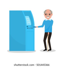 Vector illustration cartoon grandfather got a plastic credit card. Old man puts an electronic card into the ATM. Receive a pension. Loan for pensioner. Getting money through an cash dispenser.